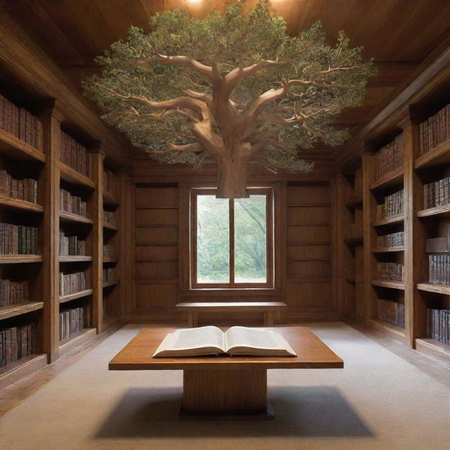 A sturdy oak table in a serene library, a single book levitating above it, illuminated from within. The book radiates a bright, inviting glow that lends an air of enchantment to the surroundings.