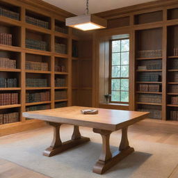 A sturdy oak table in a serene library, a single book levitating above it, illuminated from within. The book radiates a bright, inviting glow that lends an air of enchantment to the surroundings.