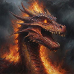 An expressive oil painting showcasing a seething dragon, its lips curled back to reveal sharp teeth, its eyes afire with rage, amidst a stormy backdrop.