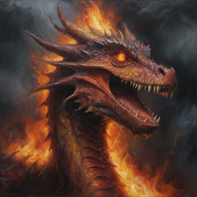 An expressive oil painting showcasing a seething dragon, its lips curled back to reveal sharp teeth, its eyes afire with rage, amidst a stormy backdrop.