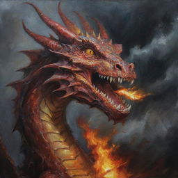 An expressive oil painting showcasing a seething dragon, its lips curled back to reveal sharp teeth, its eyes afire with rage, amidst a stormy backdrop.