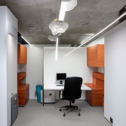 Interior design of a small, modern office space measuring 8 feet by 10 feet with efficient space utilization and sleek furnishings.