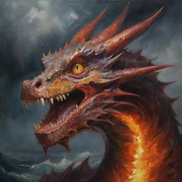 An expressive oil painting showcasing a seething dragon, its lips curled back to reveal sharp teeth, its eyes afire with rage, amidst a stormy backdrop.