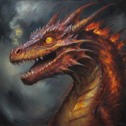 An expressive oil painting showcasing a seething dragon, its lips curled back to reveal sharp teeth, its eyes afire with rage, amidst a stormy backdrop.