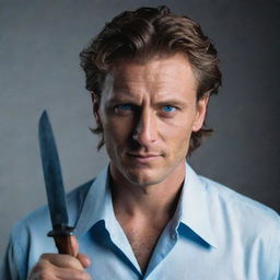 A striking Mafioso resembling Flin Ridder, with sharp blue eyes and messy, shortened hair. He smirks seductively, exuding an air of intimidation, all the while his shirt provocatively open and still wielding his hook-shaped knife.