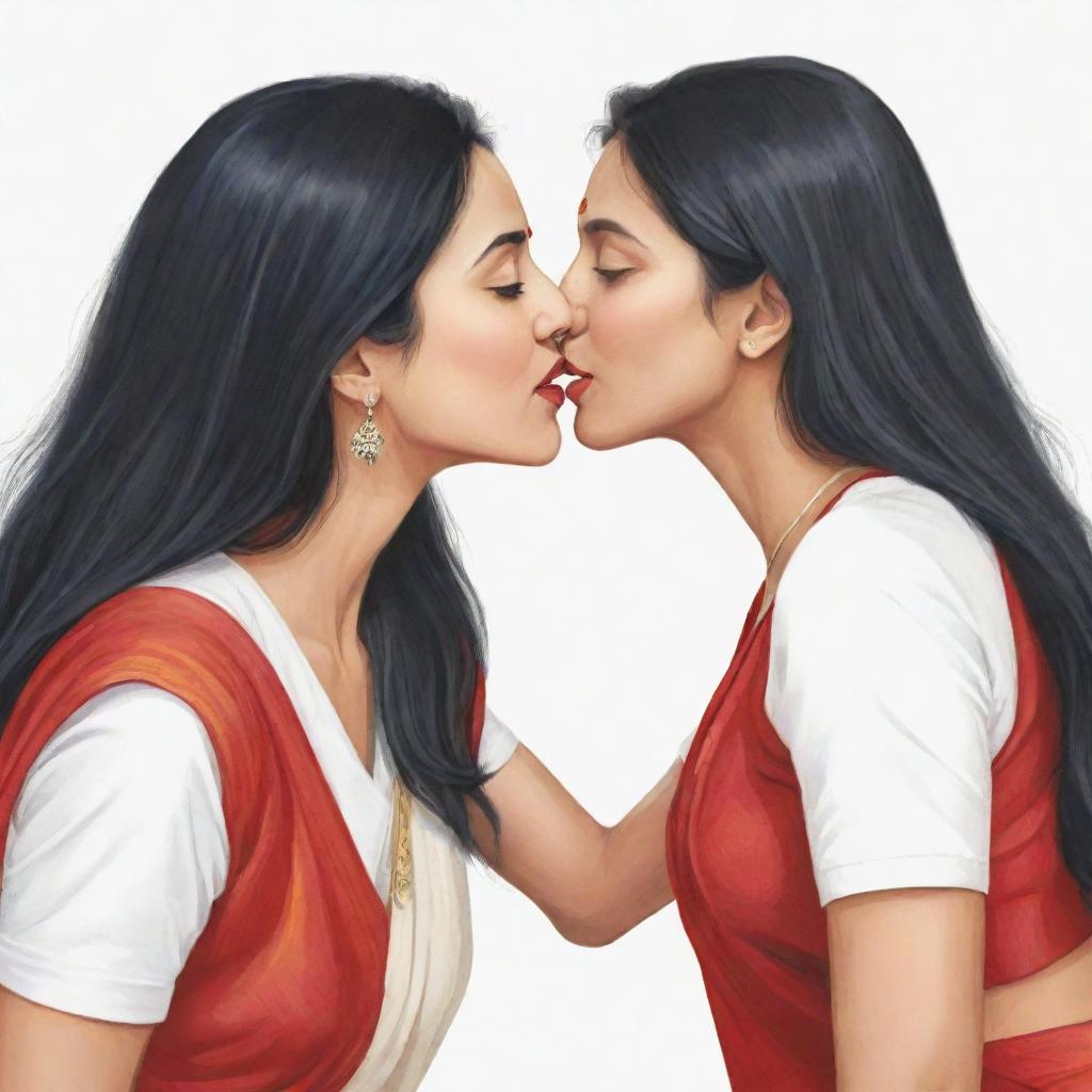 Illustration of a heartfelt moment, an Indian woman with long black hair in a red saree shares a kind kiss with a British woman with blonde hair wearing a white t-shirt.