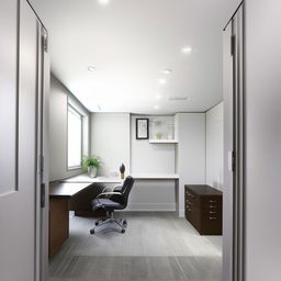 Interior design of a small, modern office space measuring 8 feet by 10 feet with efficient space utilization and sleek furnishings.