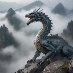 A dynamic image of a magnificent dragon, its scales shimmering, skillfully climbing a rugged mountain, its peak shrouded by mists.