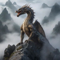 A dynamic image of a magnificent dragon, its scales shimmering, skillfully climbing a rugged mountain, its peak shrouded by mists.