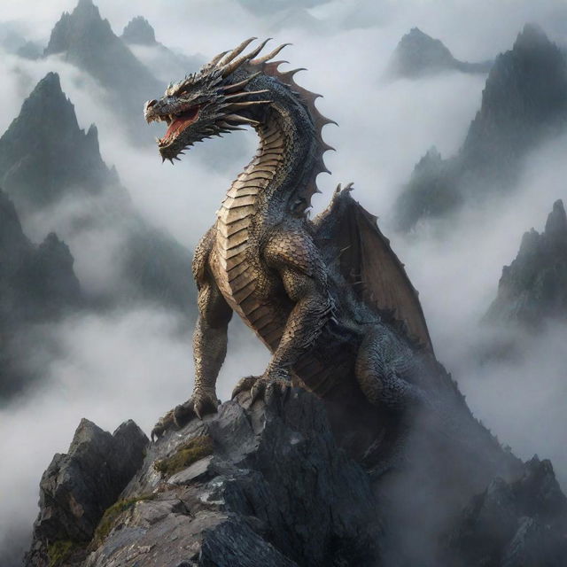A dynamic image of a magnificent dragon, its scales shimmering, skillfully climbing a rugged mountain, its peak shrouded by mists.