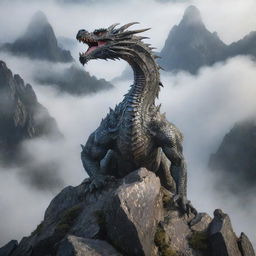 A dynamic image of a magnificent dragon, its scales shimmering, skillfully climbing a rugged mountain, its peak shrouded by mists.