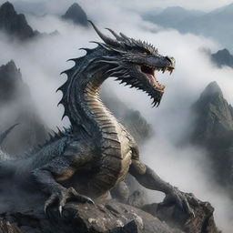 A dynamic image of a magnificent dragon, its scales shimmering, skillfully climbing a rugged mountain, its peak shrouded by mists.