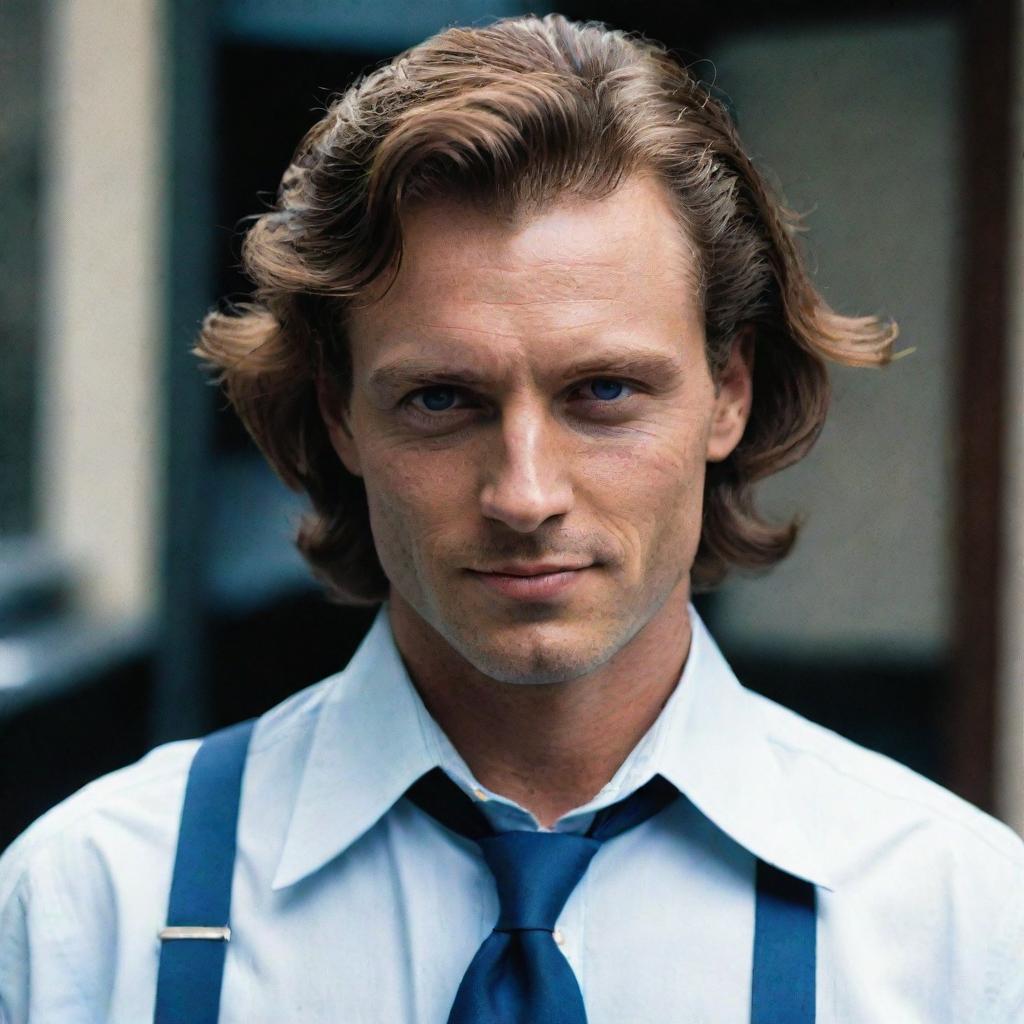 A remarkably younger yet intimidating Mafioso resembling Flin Ridder, smirking in a seductive manner. His hair is shorter and tousled, blue eyes captivating, his shirt provocatively open as he wields a hook-shaped knife.