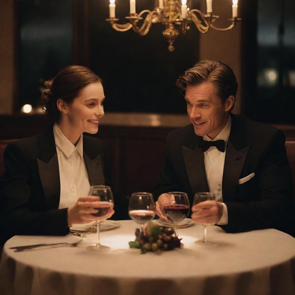 Two detectives seated in an elegant restaurant, engaged in a romantic dinner. Candlelight dances on their faces, creating a soft glow, as they share knowing smiles over a gourmet meal and glass of fine wine.