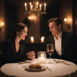 Two detectives seated in an elegant restaurant, engaged in a romantic dinner. Candlelight dances on their faces, creating a soft glow, as they share knowing smiles over a gourmet meal and glass of fine wine.