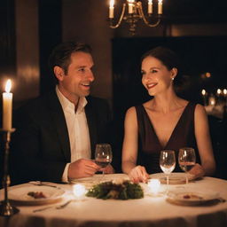 Two detectives seated in an elegant restaurant, engaged in a romantic dinner. Candlelight dances on their faces, creating a soft glow, as they share knowing smiles over a gourmet meal and glass of fine wine.