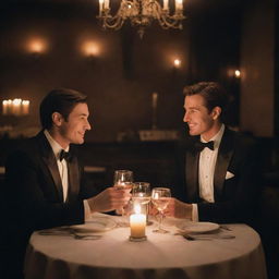 Two detectives seated in an elegant restaurant, engaged in a romantic dinner. Candlelight dances on their faces, creating a soft glow, as they share knowing smiles over a gourmet meal and glass of fine wine.