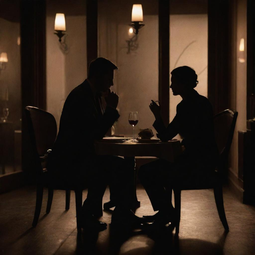 Two silhouette figures, extrapolated as detectives, enjoying a romantic dinner in an ambiently lit, posh restaurant. An intimate candlelit table with a fancy meal and wines evoking romance, their identities just hinted at amidst the flickering shadows.