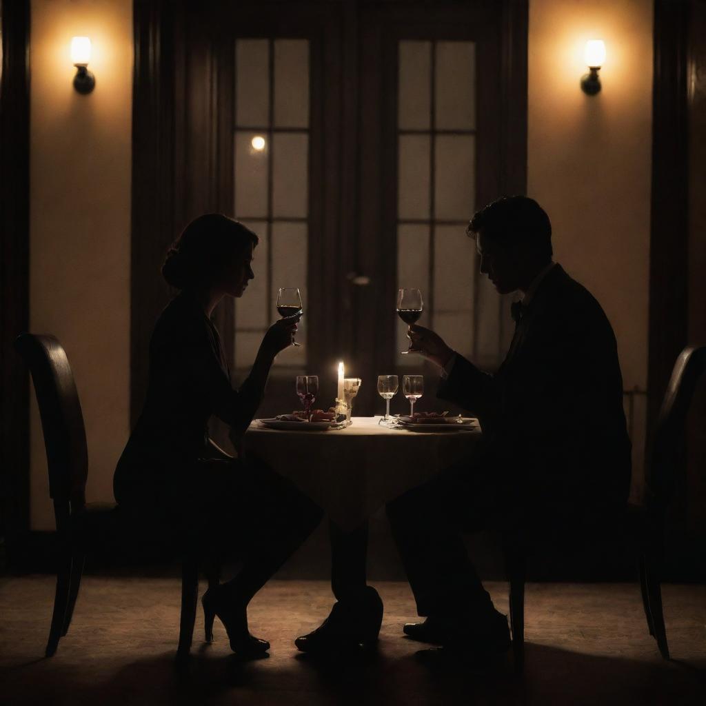 Two silhouette figures, extrapolated as detectives, enjoying a romantic dinner in an ambiently lit, posh restaurant. An intimate candlelit table with a fancy meal and wines evoking romance, their identities just hinted at amidst the flickering shadows.