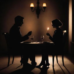 Two silhouette figures, extrapolated as detectives, enjoying a romantic dinner in an ambiently lit, posh restaurant. An intimate candlelit table with a fancy meal and wines evoking romance, their identities just hinted at amidst the flickering shadows.