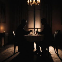 Two silhouette figures, extrapolated as detectives, enjoying a romantic dinner in an ambiently lit, posh restaurant. An intimate candlelit table with a fancy meal and wines evoking romance, their identities just hinted at amidst the flickering shadows.