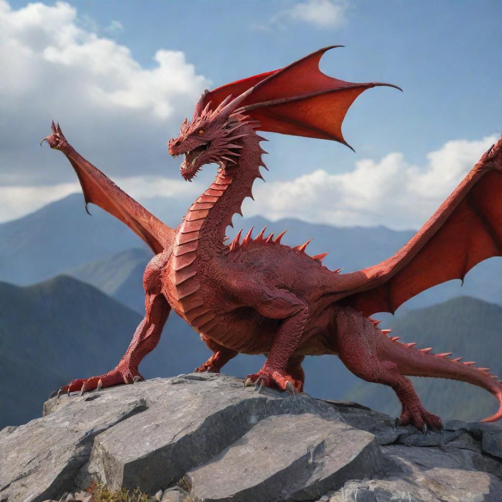 A 2D, vibrant red dragon on a rugged mountain terrain with sky as background.