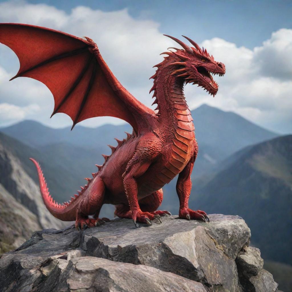 A 2D, vibrant red dragon on a rugged mountain terrain with sky as background.