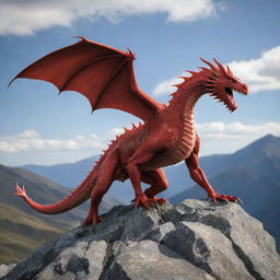 A 2D, vibrant red dragon on a rugged mountain terrain with sky as background.