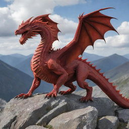 A 2D, vibrant red dragon on a rugged mountain terrain with sky as background.