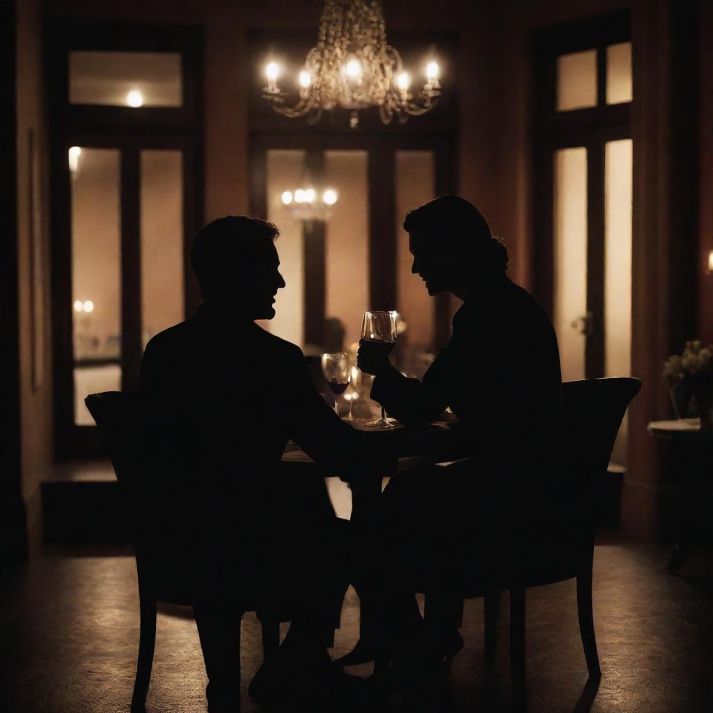 Two silhouette figures, recognizable as detectives, immersed in a romantic dinner at an upscale restaurant. Their identities obscured, laughter suggested through their lean into each other in joyous unison, a candid moment set against a backdrop of candlelit gourmet meal and fine wine.