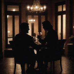 Two silhouette figures, recognizable as detectives, immersed in a romantic dinner at an upscale restaurant. Their identities obscured, laughter suggested through their lean into each other in joyous unison, a candid moment set against a backdrop of candlelit gourmet meal and fine wine.