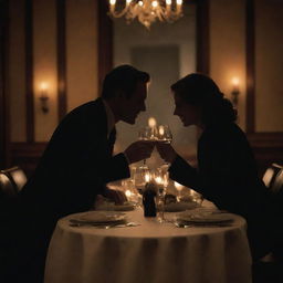 Two silhouette figures, recognizable as detectives, immersed in a romantic dinner at an upscale restaurant. Their identities obscured, laughter suggested through their lean into each other in joyous unison, a candid moment set against a backdrop of candlelit gourmet meal and fine wine.