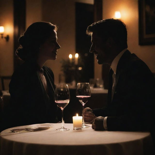 Two silhouette figures, recognizable as detectives, immersed in a romantic dinner at an upscale restaurant. Their identities obscured, laughter suggested through their lean into each other in joyous unison, a candid moment set against a backdrop of candlelit gourmet meal and fine wine.