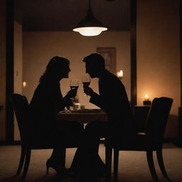 Two silhouette figures, recognizable as detectives, immersed in a romantic dinner at an upscale restaurant. Their identities obscured, laughter suggested through their lean into each other in joyous unison, a candid moment set against a backdrop of candlelit gourmet meal and fine wine.