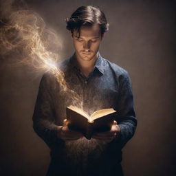 A man, mysterious yet captivating, holding a magical book in his hands. The book glows with an otherworldly resonance, making the patterns on its cover dance as it imbues the man and his surroundings with a soft, ethereal light.