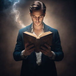 A man, mysterious yet captivating, holding a magical book in his hands. The book glows with an otherworldly resonance, making the patterns on its cover dance as it imbues the man and his surroundings with a soft, ethereal light.