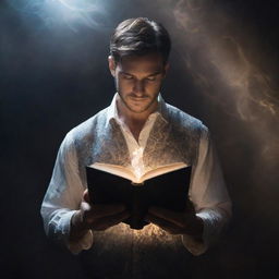 A man, mysterious yet captivating, holding a magical book in his hands. The book glows with an otherworldly resonance, making the patterns on its cover dance as it imbues the man and his surroundings with a soft, ethereal light.