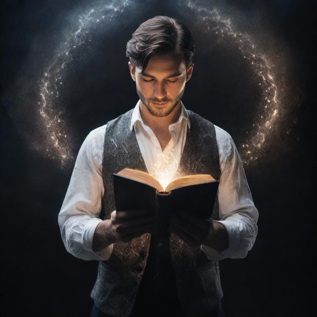 A man, mysterious yet captivating, holding a magical book in his hands. The book glows with an otherworldly resonance, making the patterns on its cover dance as it imbues the man and his surroundings with a soft, ethereal light.