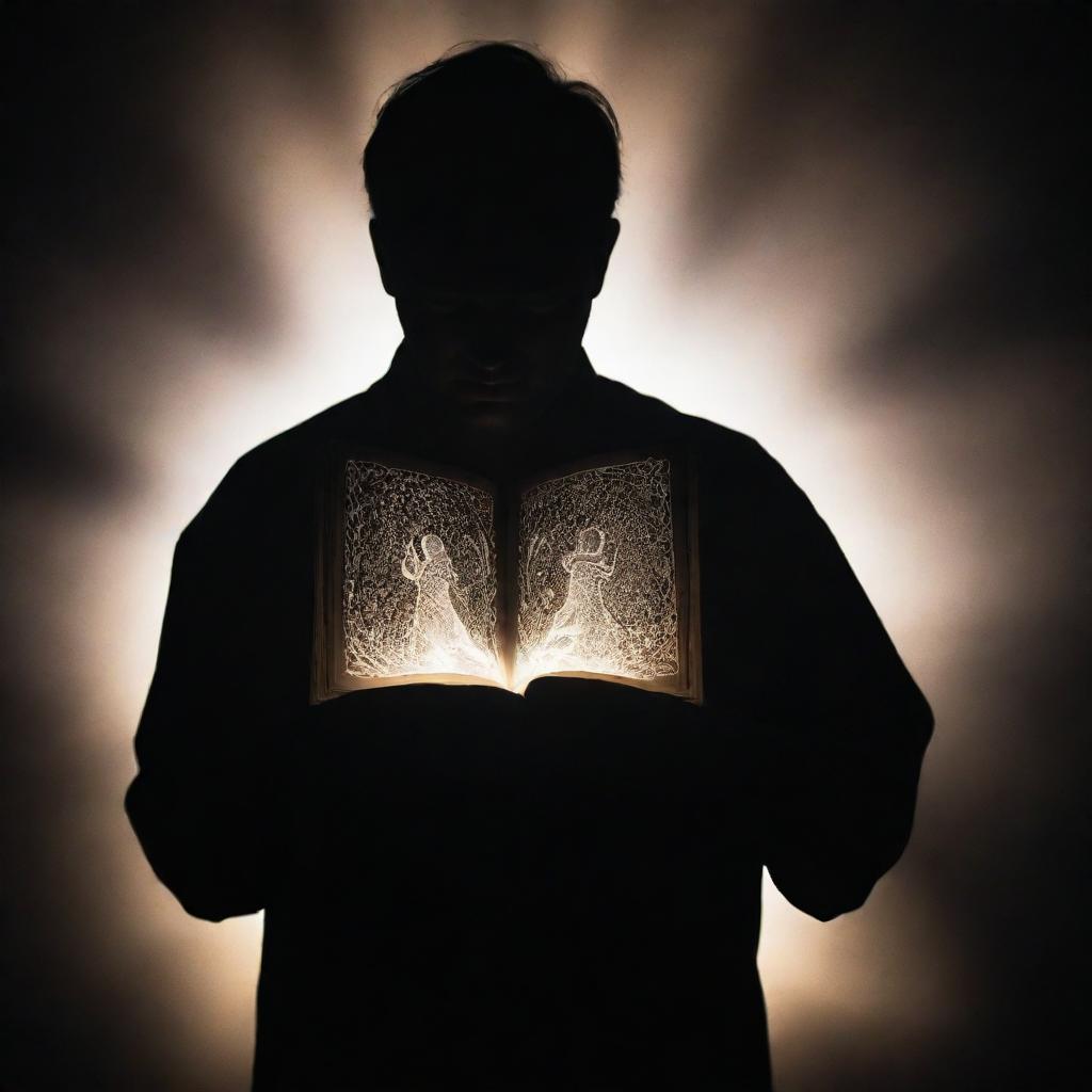 A faceless man, portrayed in silhouette, holds a magical book in his hands. The book radiates a spectral glow, casting enigmatic patterns that dance around, subtly illuminating his figure and the surrounding space with its mesmerizing charm.