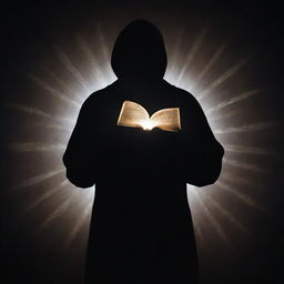 A faceless man, portrayed in silhouette, holds a magical book in his hands. The book radiates a spectral glow, casting enigmatic patterns that dance around, subtly illuminating his figure and the surrounding space with its mesmerizing charm.