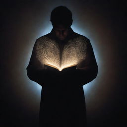 A faceless man, portrayed in silhouette, holds a magical book in his hands. The book radiates a spectral glow, casting enigmatic patterns that dance around, subtly illuminating his figure and the surrounding space with its mesmerizing charm.