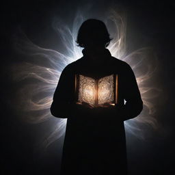 A faceless man, portrayed in silhouette, holds a magical book in his hands. The book radiates a spectral glow, casting enigmatic patterns that dance around, subtly illuminating his figure and the surrounding space with its mesmerizing charm.