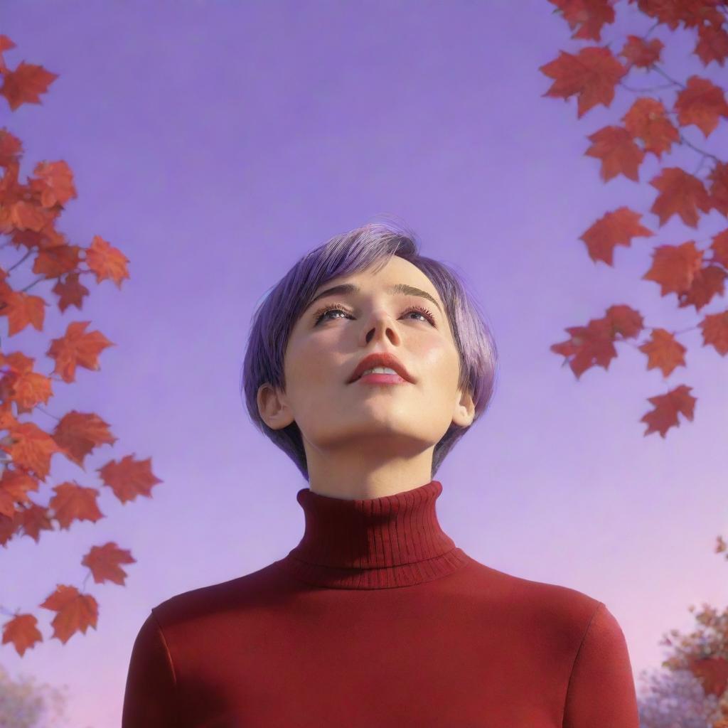 A whimsical, cartoon-style 8K image of a short-haired woman wearing a vibrant red turtleneck shirt, looking up at a lilac-colored sky with autumn leaves gently falling around her, evoking feelings of nostalgia.