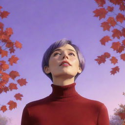 A whimsical, cartoon-style 8K image of a short-haired woman wearing a vibrant red turtleneck shirt, looking up at a lilac-colored sky with autumn leaves gently falling around her, evoking feelings of nostalgia.