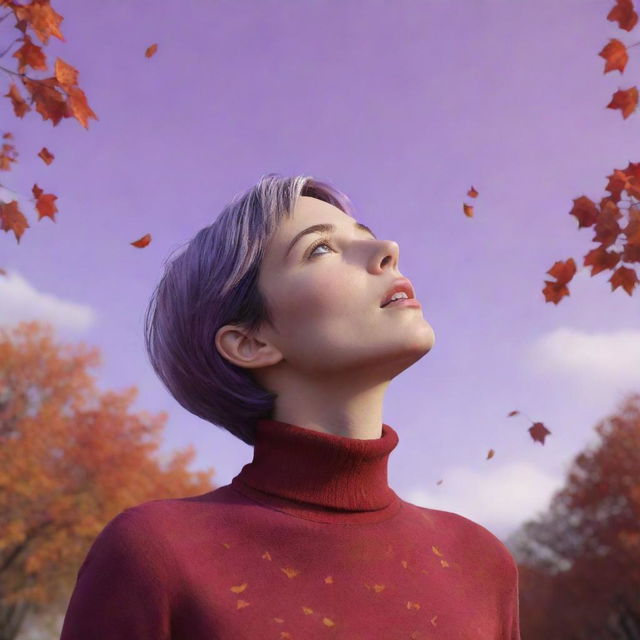 A whimsical, cartoon-style 8K image of a short-haired woman wearing a vibrant red turtleneck shirt, looking up at a lilac-colored sky with autumn leaves gently falling around her, evoking feelings of nostalgia.