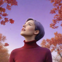 A whimsical, cartoon-style 8K image of a short-haired woman wearing a vibrant red turtleneck shirt, looking up at a lilac-colored sky with autumn leaves gently falling around her, evoking feelings of nostalgia.