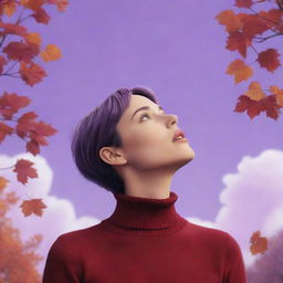 A whimsical, cartoon-style 8K image of a short-haired woman wearing a vibrant red turtleneck shirt, looking up at a lilac-colored sky with autumn leaves gently falling around her, evoking feelings of nostalgia.