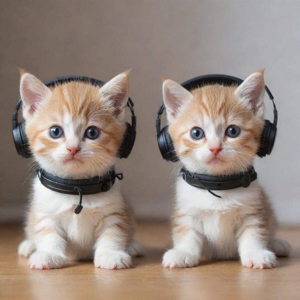 Two cute kittens, one wearing a miniature DJ set with headphones and another one listening to music intently.