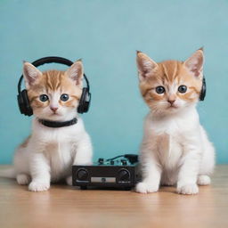 Two cute kittens, one wearing a miniature DJ set with headphones and another one listening to music intently.