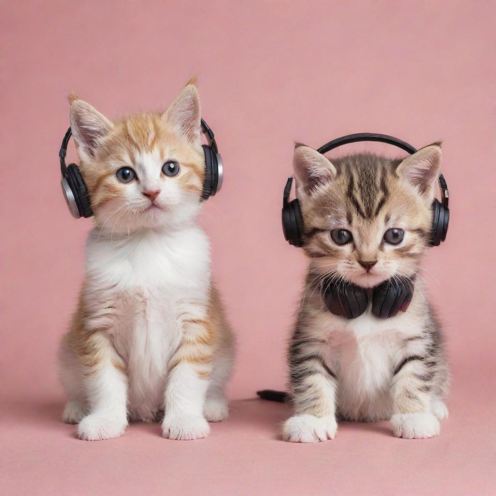 Two cute kittens, one wearing a miniature DJ set with headphones and another one listening to music intently.